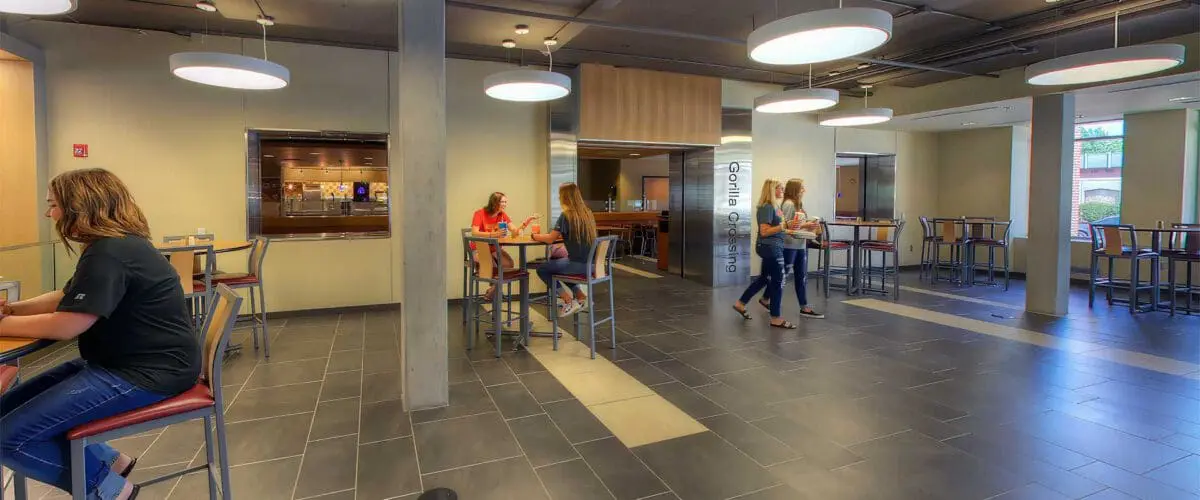 Foyer outside Gorilla Crossing with students walking and others sitting at table